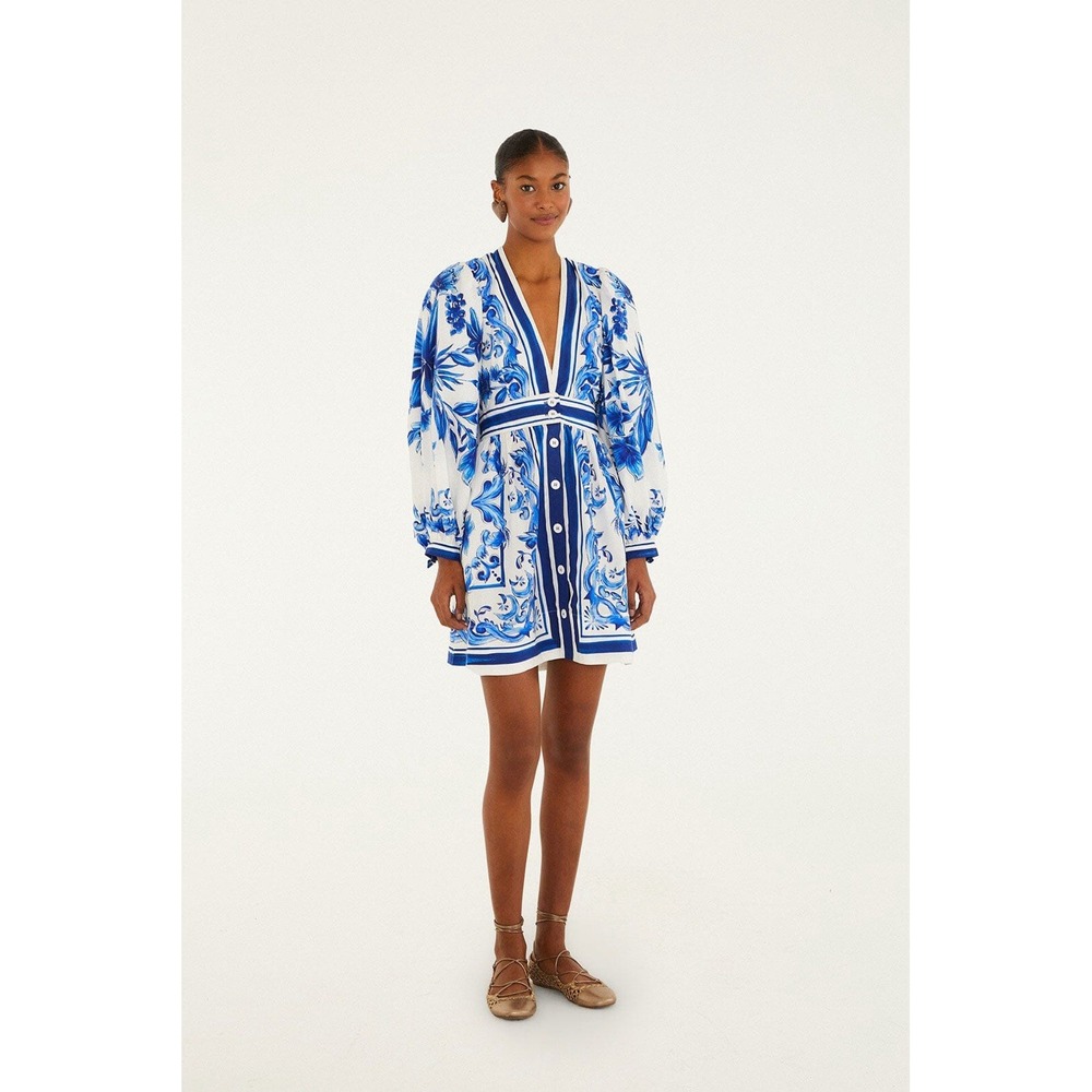 NWT FARM Rio Blue and White Garden Tiles Puff Sleeve Mini Dress